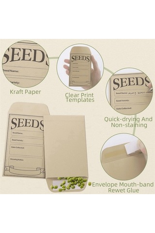 Pazly 100 Adet 8x12 Cm Kraft Kağıt Tohum Depolama Zarfı, Kendinden Kapatan, Dört Bölmeli Etiketli, Çok Amaçlı