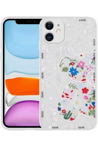 Apple Uyumlu iPhone 12 Kılıf Desenli Sert Silikon Zore Mumila Kapak White Bear