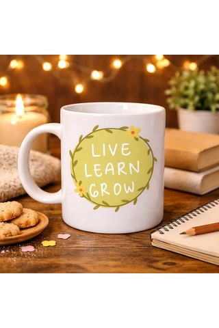 Live Learn Grow Motivasyon Kupası Model 133 Yaşa , Öğren , Geliş İlham Veren Tasarım, Porselen Kupa, Pozitif Düz Renkli