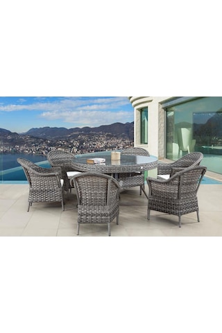 Bahçemo Nova Yuvarlak Masalı Rattan Bahçe Mobilya Takımı 140 Cm Çap Gri
