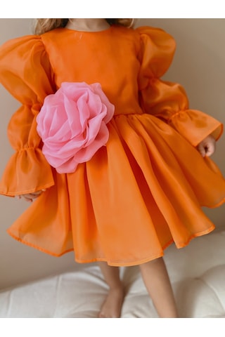 Linola Baby Kids Rose Oranj Şifon Kız Çocuk Parti Elbisesi Turuncu