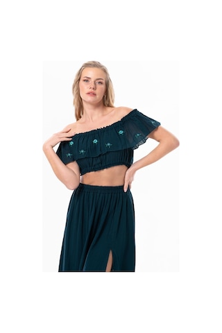 Lavinya Vual Lastik Detaylı Nakışlı Yazlık Crop Bluz Petrol Ptrl-petrol Petrol