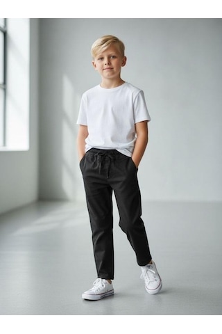 Zekids Erkek Çocuk Esnek Kumaş Beli Lastikli Pantolon-16399 Siyah