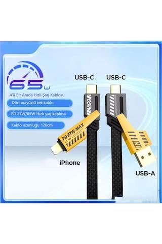 4 Ü 1 Arada Hızlı Şarj Kablosu 65w Pd / 27w Destekli İphone Type-c, Lightning, Usb-a Uyumlu Ve Veri Aktarım Kablosu