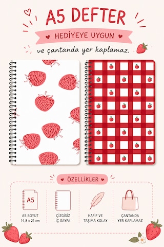 Zumio A5 Spiral 2'li Defter Çilek Temalı Çizgisiz Not Defteri Günlük, Okul Ve Ofis Kullanımı 60 Yaprak Düz Zumio A5 Spiral 2'li Defter Çilek Temalı Çizgisiz Not Defteri Günlük, Okul Ve Ofis Kullanımı 60 Yaprak Düz