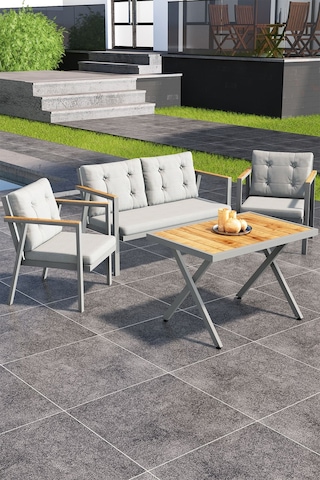Sierra 2+1+1 Metal İskeletli Suya Dayanıklı Minderli Bahçe Balkon Mobilya Takımı Gri