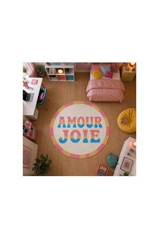 "aura" Serisi - Amour Joie Yazılı Retro Yuvarlak Krem Pembe Sarı Pastel Dokuma Taban Dekoratif Halı Aura27 Çok Renkli