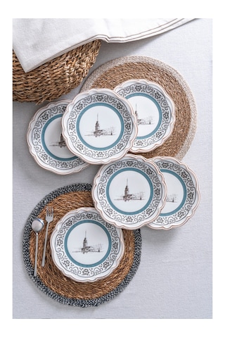Kız Kulesi Desenli Porselen Pasta & Tatlı Tabağı Takımı İstanbul Motifli 6 Kişilik 6 Parça 21 Cm Beyaz