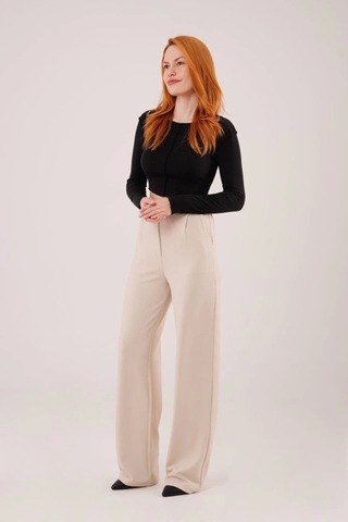 Defymoda Yüksek Bel Bol Paça Krep Krem Pantolon Krem