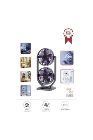 Torima F-22 Siyah Mini Fan Taşınabilir Çift Başlıklı Sessiz Vantilatör Type-c Girişli, 3 Kademeli Hız Ayarı