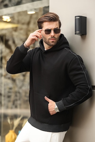 Madmext Siyah Kapüşonlu Kanguru Cep Erkek Sweatshirt E7163 Siyah