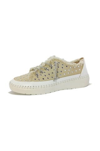 Krem Renk Taşlı Düz Taban Kadın Kot Sneakers Krem