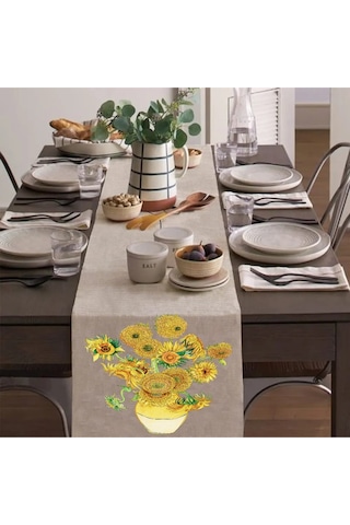 Ayçiçekleri Runner, Runer, Masa Örtüsü, Sofranıza Zarafet Katın Runner, Masa Örtüsü Krem