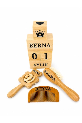 Kişiye Özel İsimli - Bebek Çıngırak - Bebek Saç Fırçası Keçi Kılı - Bebek Tarak - Bebek Anı Küpü-%100 Doğal Organik Full Ahşap Set - Hediyelik Yeni Doğan