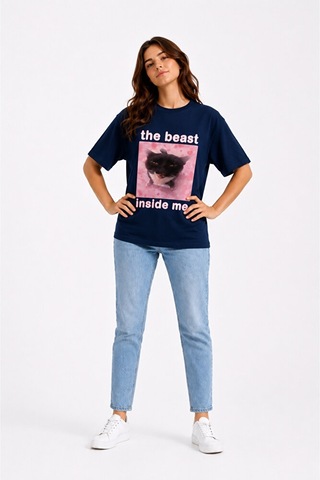 Nevermind The Beast Inside Me Baskılı Unisex Oversize Tişört Siyah Kedi Gra Lacivert