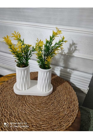 Mini Desenli İkili Beton Saksı Ve Oval Tabak - Yapay Çiçek Hediyeli - Sarı