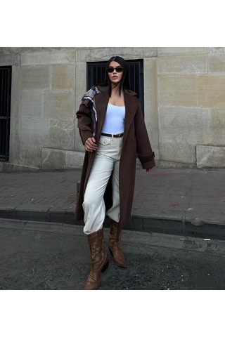 Kruvaze Kesim Kışlık Trençkot Palto Kahve