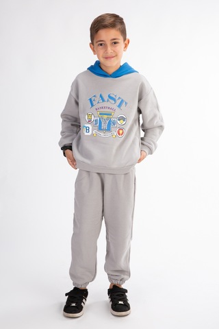 Erkek Çocuk Baskılı Kapşonlu Eşofman Takımı Gri