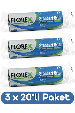 Florex Standart Orta Boy Çöp Torbası 55x60 Cm 20'li Rulo Siyah 3 Rulo (60 Adet)
