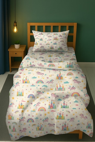 Hayal Şatosu Gökkuşağı Unicorn Tek Kişilik Çocuk Nevresim Seti Pembe