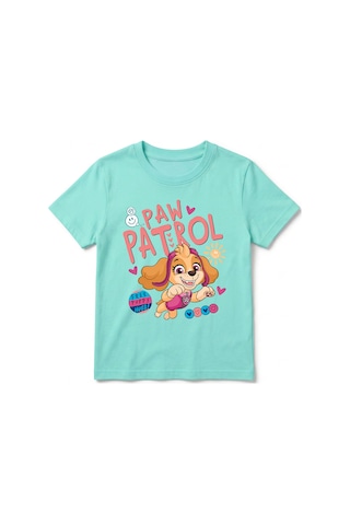Urbantrendstore Paw Patrol Özel Tasarım Unisex Kız Çocuk Erkek Çocuk Bisiklet Yuvarlak Yaka Basic Kısa Kollu %100 Pamuk Tişört Mint