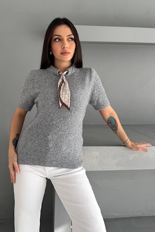 Noa & Noa Kadın Kısa Kollu Fular Detaylı Triko Kazak Soft Elegance Gri