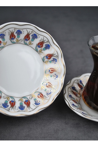 Qualitev 6 Adet Porselen Çay Tabağı Ebruli Lale Çini Motifli Çay Tabak 10 Cm Mavi
