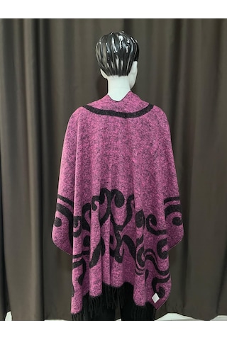 Kadın Çift Taraflı Desenli Kışlık Panço Pembe Siyah Etnik Motifli Omuz Şalı Pembe - Siyah