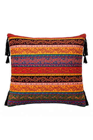 2 Li Set Meksika & Fas Stili Kilim Desenli Gerçek Deri Detaylı İçi Dolgulu Dekoratif Yastık Etnik Boho Lüks Kırlent Turuncu Siyah