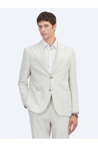 Kip Bej Desenli Modern Fit Keten Karışımlı Takım Elbise