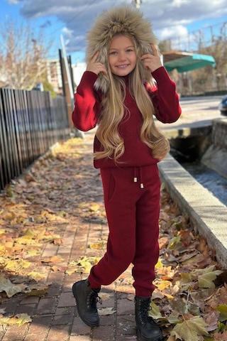 Riccotarz Kız Çocuk Yakası Çıkarılabilir Kürklü Kazak Çift Cepli Triko Bordo Alt Üst Takım Bordo