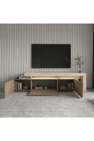 Beliz Modern Led Işıklı 3 Kapaklı, Raflı Tv Sehpası 192 Cm Traverten/sıcak Meşe