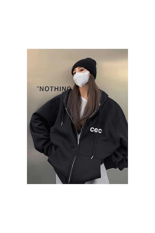Tarzsokak Unisex Siyah Cec Baskılı Oversize Kapüşonlu Hırka