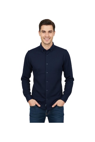 Rasstmen Erkek Spor Slim Fit Uzun Kol Petek Dokulu Gömlek Bgl-st04823 Lacivert