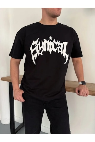 Vexor Erkek Bisiklet Yaka Ön Baskılı Kısa Kollu Tişört Streetwear Günlük Basic Pamuklu T-shirt - Si Siyah