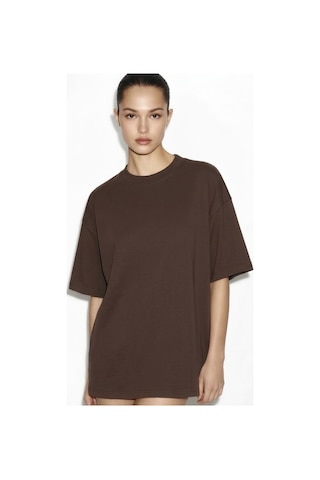 Feg Store %65 Pamuk Kadın Oversize Kahverengi Fit Bisiklet Yaka T-shirt