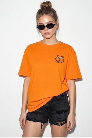 Shade Kadın Cotton Nakışlı Teddy Detaylı Bisiklet Yaka T-shirt 60382610 - Turuncu 2XL