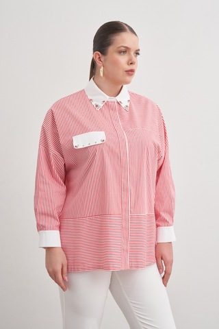 Aker Kırmızı Çizgili Cotton Taş Işlemeli Gömlek Kırmızı Kırmızı