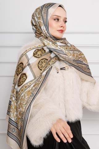 Sevitli Versace Desenli Hint İpeği Şal-krem-4536