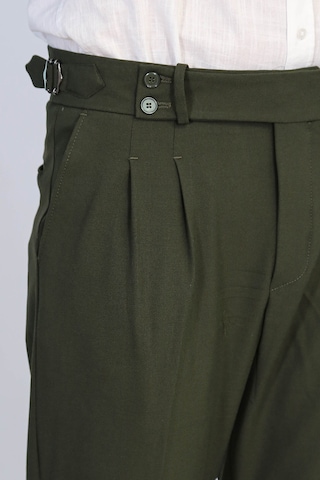 Haki Çift Pileli Tokalı Yüksek Bel Slim Fit Pantolon Wessi Yeşil