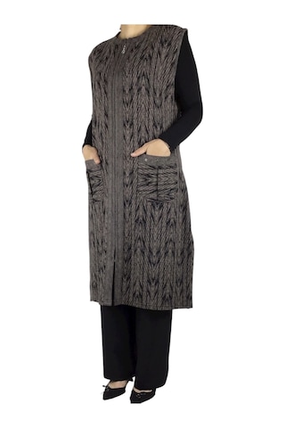 Önü Fermuarlı Desenli Cepli Kalın Kışlık Yelek Kahverengi