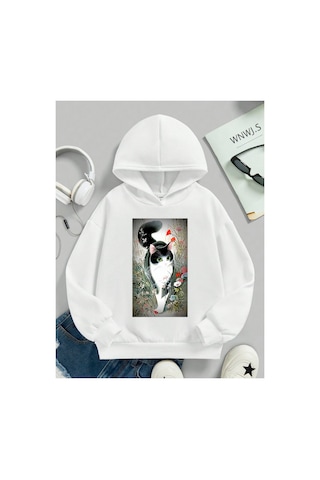 Stil X Sevimli Kediler Baskılı Kapüşonlu Çocuk Sweatshırt Beyaz-4
