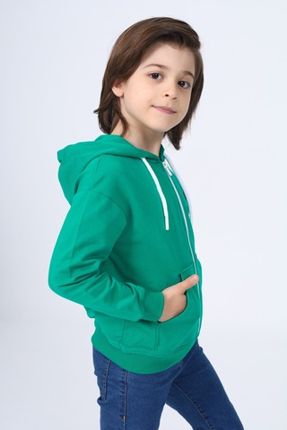 Toontoy Kids Toontoy Erkek Çocuk Kapüşonlu Fermuarlı Cepli Düşük Omuz Baskılı Örme Hırka - 3 İplik Şardonsuz Koyu Yeşil