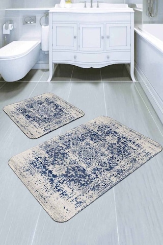 Mavi Modern Klasik Banyo Halısı Klozet Paspas Seti Bs278n11