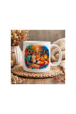 Tilki Ve Baykuş Seramik Kupa 300 Ml Çift Taraflı Baskı Cozy Orman Temalı Kahve Kupası Beyaz