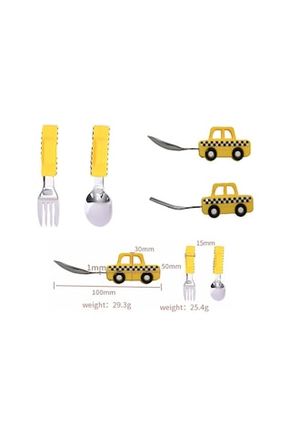 Jojobebek Kaşık Çatal Seti, Ergonomik Kısa Saplı Silikon, Paslanmaz Çelik Uçlu, Saklama Kutulu, (9-24 Ay) (TAKSİ FİGÜRLÜ-SARI)