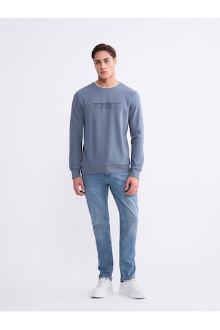 Lcwaıkıkı Classic Mavi Bisiklet Yaka Baskılı Erkek Sweatshirt