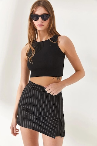 Alisse Kadın Siyah Çizgili Likralı Mini Yırtmaçlı Şort Etek Siyah Çizgili Siyah