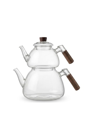 1800 Ml + 550 Ml Akasya Cam Çaydanlık Takımı - Ahşap Kulplu, Isıya Dayanıklı Borosilikat Şeffaf Çaydanlık, Yaylı Süzgeçli Şık Lüks Tasarım 1
