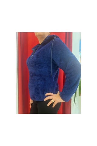 Rouge Basic Kapşonlu Yarım Fermuar Peluş Sweat Lacivert